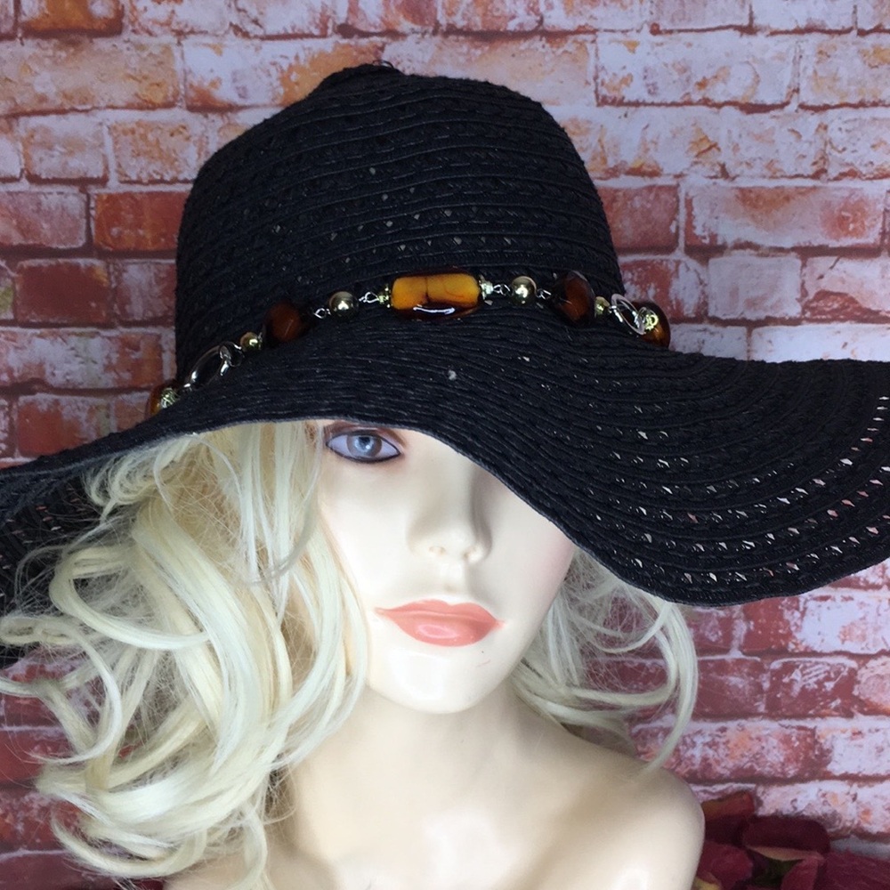 Strand Headware Black Oversized Amber Accented Floppy Beach Hat - Picture 2 of 9